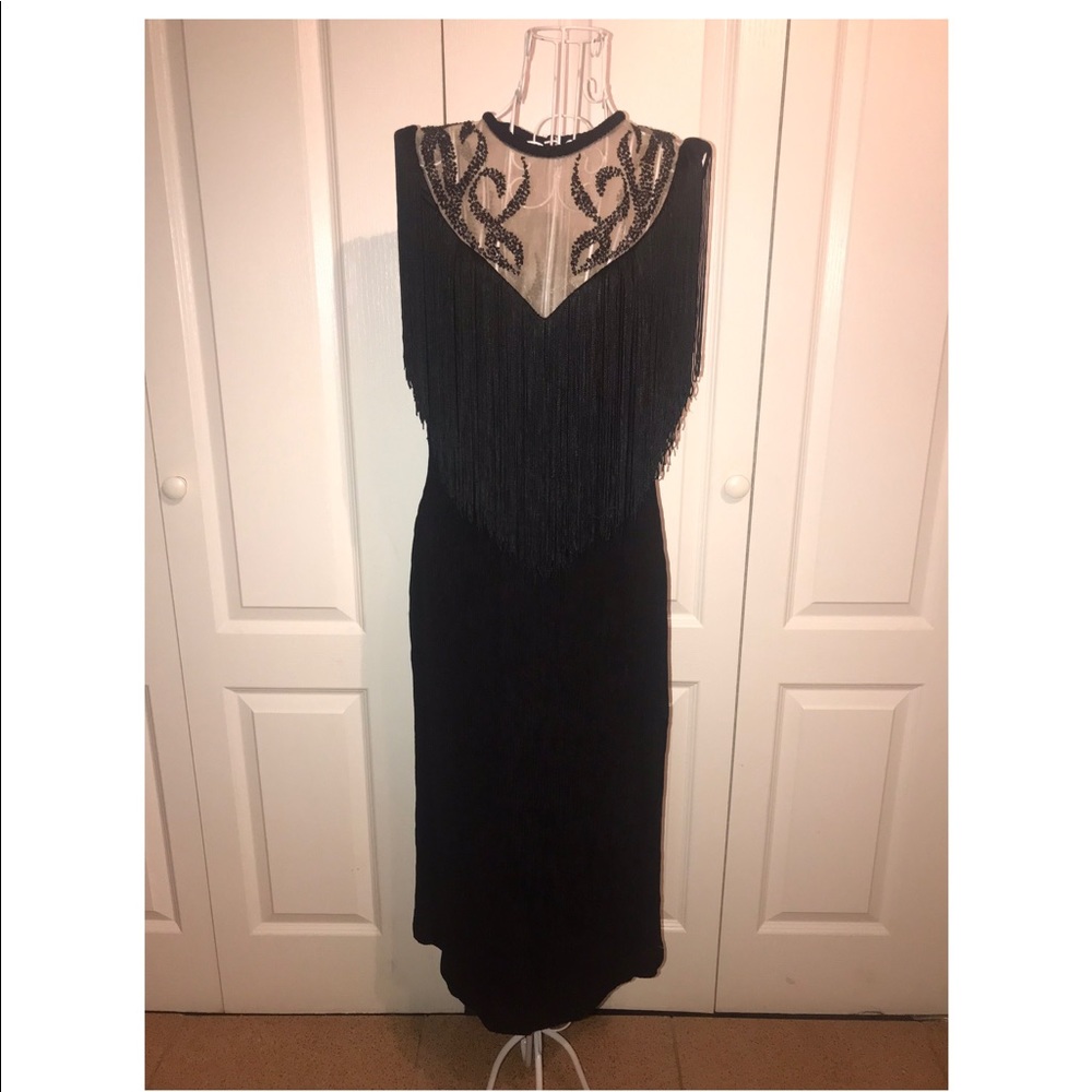 Black fringe dress with illusion neckline